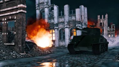 WWII tank among burning building ruins at night clipart