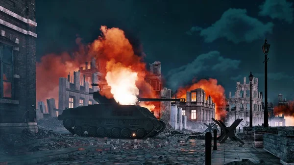 Burning tank on destroyed after war city street — Stock Photo, Image