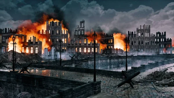 Ruined after war burning european city at night — Stock Photo, Image