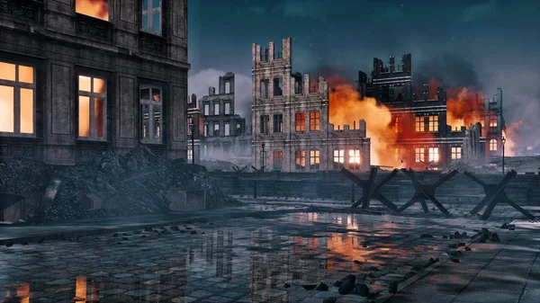 Vernietigd na de oorlog brandende stad ruïnes 's nachts — Stockfoto