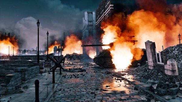 Городская сцена сражения с горящим танком ночью