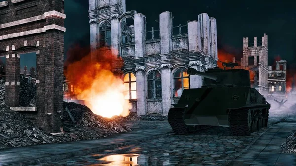 WWII tank among burning building ruins at night — Stock Photo, Image