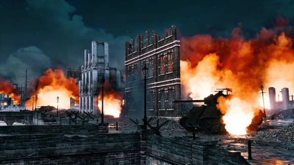 Urban battlefield scene with burning tank wrecks