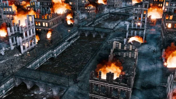 Destroyed after war night city ruins aerial view — Stock Photo, Image