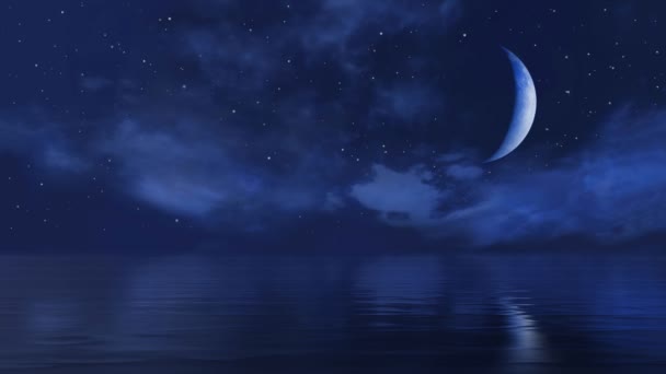 Dark Starry Night Sky Calm Ocean Fantastic Big Half Moon — Stock Video