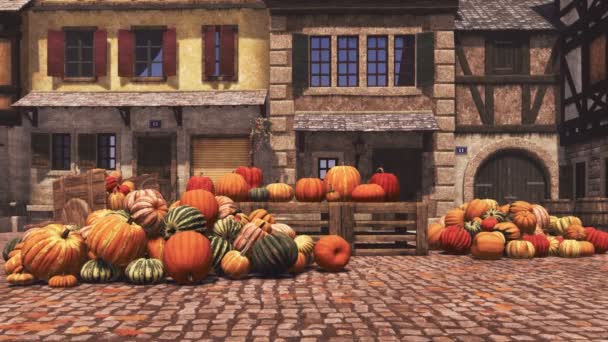 小さな村の広場 ハロウィーンや感謝祭のための食べ物や装飾に積み上げ様々なカラフルな秋のカボチャと国の市場 人がいない秋のシーズン3Dアニメーション4Kでレンダリング — ストック動画
