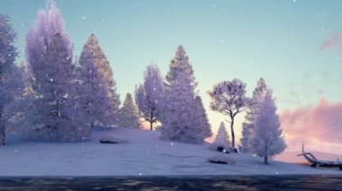 Donmuş nehrin kıyısında karlı köknar ağacı ormanları ve gün batımında hafif kar yağışı. Sağa çevir. 4K içerisinde oluşturulan gerçekçi 3B animasyon