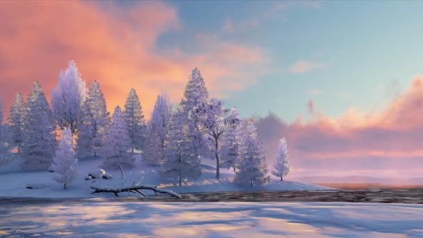 風光明媚なカラフルな夕日の空の下で雪のドリフトの間で凍結川の海岸に雪のモミの木の森と穏やかな冬の風景 中に入って 4Kでレンダリングされたリアルな3Dアニメーション — ストック動画