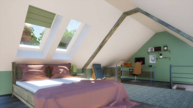Çatı katındaki rahat, modern yatak odasının içinde rahat bir çift kişilik yatak odası ve küçük bir stüdyo ya da gündüz çalışma odası var. Kendi 3D görüntüleme dosyamdan 3D illüstrasyon.