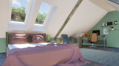 Gündüzleri arka planda rahat çift kişilik yataklı, küçük stüdyosu ya da ev ofisi olan modern, parlak bir daire. Kendi 3D görüntüleme dosyamdan 3D illüstrasyon.