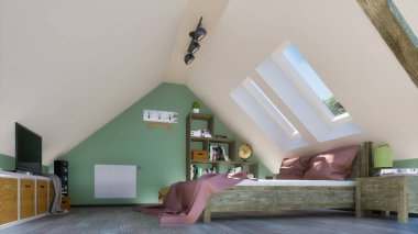 Tavan arasında rahat, modern yatak odası manzarası düşük açılı. Mansard pencerelerinin altında rahat çift kişilik yatak ve gündüzleri TV. Kendi 3D görüntüleme dosyamdan 3D illüstrasyon.