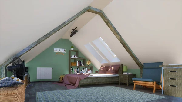Helder Gezellig Interieur Van Moderne Slaapkamer Zolderkamer Met Comfortabel Tweepersoonsbed — Stockfoto