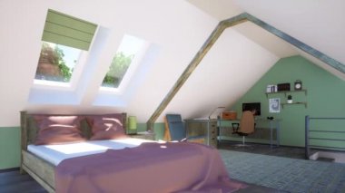 Çatı katındaki rahat, modern yatak odasının içinde rahat bir çift kişilik yatak odası ve küçük bir stüdyo ya da gündüz çalışma odası var. 4K 'da yapılmış hiç bir insan gerçekçi 3D animasyonu olmadan