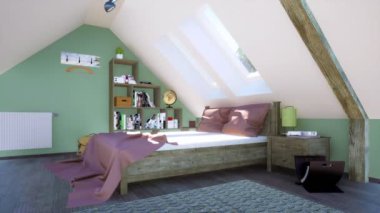 Çatı katında modern yatak odasının parlak iç kısmı. Mansard pencerelerinin altında rahat çift kişilik yatak ve gündüzleri ahşap raflar. 4K 'da yapılmış hiç bir insan gerçekçi 3D animasyonu olmadan