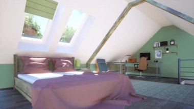 Çatı katında modern yatak odasının parlak iç mekanı. Mansard pencerelerinin altında rahat çift kişilik yatak ve güneşli bir günde arka planda küçük bir stüdyo ya da ev ofisi. Hiç insan olmadan 4K içinde 3D animasyon oluşturuldu