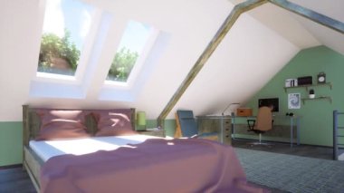 Gündüzleri arka planda çift kişilik yataklı, küçük stüdyosu ya da ev ofisi olan modern, parlak bir daire. 4K 'da yapılmış hiç bir insan gerçekçi 3D animasyonu olmadan