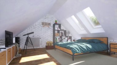 Parlak modern yatak odasının tavan arası. Güneşli bir günde, Mansard pencerelerinin altında rahat çift kişilik yatak ve önünde TV. 4K 'da yapılmış hiç bir insan gerçekçi 3D animasyonu olmadan
