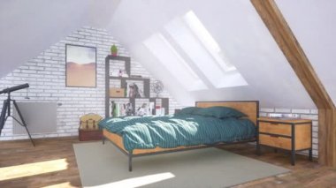 Güneşli bir günde tavan arası zemininde rahat modern yatak odasının içinde, Mansard pencerelerinin altında çift kişilik yatak ve önünde TV ile yıkanırdı. 4K 'da gösterilen panoramik 3D animasyon olmadan