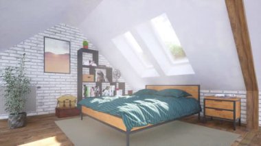 Mansard pencerelerinin altında rahat çift kişilik yatak ve güneşli bir günde tavan arasında parlak, modern yatak odasının içinde sade minimalist raflar. 4K 'da yapılmış hiç bir insan gerçekçi 3D animasyonu olmadan