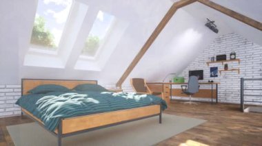 Çatı katındaki rahat, modern yatak odasının içi. Mansard pencerelerinin altında çift kişilik yatak ve güneşli bir günde arka planda küçük bir stüdyo ya da ev ofisi. Hiç insan olmadan 4K içinde 3D animasyon oluşturuldu