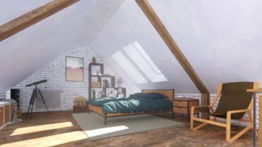 Gündüz vakti pencerelerin altında çift kişilik yatağı ve minimalist rafları olan, rahat, modern yatak odasının içinde güneşli bir bekar banyosu. Hiç insan olmadan 4K içinde 3D animasyon oluşturuldu
