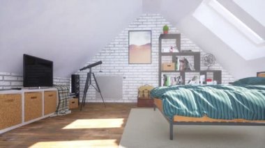 Güneşli bir günde, güneşli bir günde tavan arasında, modern, aydınlık yatak odasının içinde güneş ışığıyla yıkanmış, Mansard pencerelerinin altında, sade, rahat çift kişilik yatak odası. Hiç insan olmadan 4K içinde 3D animasyon oluşturuldu