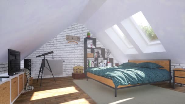 Parlak Modern Yatak Odasının Tavan Arası Güneşli Bir Günde Mansard — Stok video