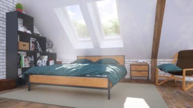 Çatı katındaki rahat modern yatak odasının iç kısımlarında güneş ışınlarıyla yıkanmış. Mansard pencerelerinin altında rahat çift kişilik yatak ve gündüz sade minimalist raflar. Hiç insan olmadan 4K içinde 3D animasyon oluşturuldu