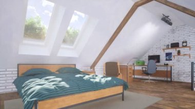 Güneşli bir günde arka planda, çift yataklı ve küçük stüdyosu ya da ev ofisi olan, modern, parlak, daire dairesinin minimalist iç mekanı. 4K 'da gösterilen panoramik 3D animasyon olmadan