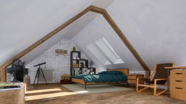 Sade ve minimalist bekar. Tavan arasında rahat, modern bir yatak odası. Gündüz pencerelerinin altında rahat çift kişilik yatak. 3D görüntüleme dosyamdaki kişilerden 3D çizim olmadan.