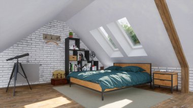 Mansard pencerelerinin altında rahat çift kişilik yatak ve güneşli bir günde tavan arasında parlak, modern yatak odasının içinde sade minimalist raflar. 3D görüntüleme dosyamdaki kişilerden 3D çizim olmadan.
