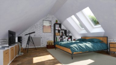 Güneşli bir günde tavan arasında parlak, modern yatak odasının içinde Mansard pencerelerinin altında rahat çift kişilik yatak ve önünde TV ile yıkandı. 3D görüntüleme dosyamdaki kişilerden 3D çizim olmadan.