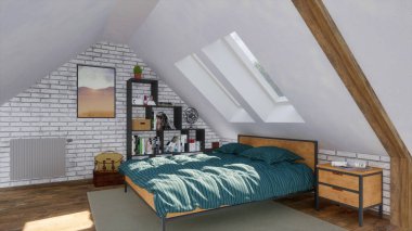 Mansard pencerelerinin altında rahat çift kişilik yatak ve gündüz vakti tavan arasında modern, parlak yatak odasının içinde sade minimalist raflar. 3D görüntüleme dosyamdaki kişilerden 3D çizim olmadan.