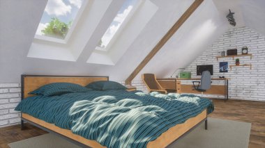 Çatı katındaki rahat, modern yatak odasının içi. Mansard pencerelerinin altında çift kişilik yatak ve güneşli bir günde arka planda küçük bir stüdyo ya da ev ofisi. 3D görüntüleme dosyamdan 3B illüstrasyon.
