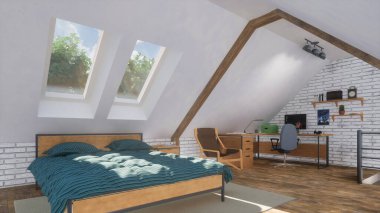 Gündüzleri arka planda çift yataklı, küçük stüdyosu ya da ev ofisi olan, tavan arası katındaki modern, parlak dairenin minimalist iç mimarisi. 3D görüntüleme dosyamdaki kişilerden 3D çizim olmadan.