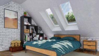 Güneş ışığıyla yıkanmış mansard pencerelerinin altında sade rahat çift kişilik yatak ve tavan arası zeminindeki modern yatak odasının içinde minimalist raflar. 3D görüntüleme dosyamdan 3B illüstrasyon.