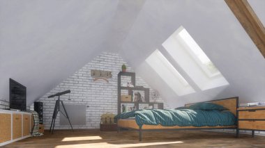 Güneş ışınları, tavan arası odasındaki rahat modern yatak odasının minimalist iç kısımlarında mansard pencerelerinin altında çift kişilik yatak ve gündüzleri TV ile yıkanır. 3D görüntüleme dosyamdaki kişilerden 3D çizim olmadan.