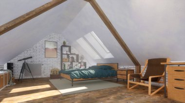 Tavan arasında şezlonglu rahat, modern yatak odasının minimalist iç mekanı ve güneşli bir günde mansard pencerelerinin altında çift kişilik yatak. 3D görüntüleme dosyamdaki kişilerden 3D çizim olmadan.