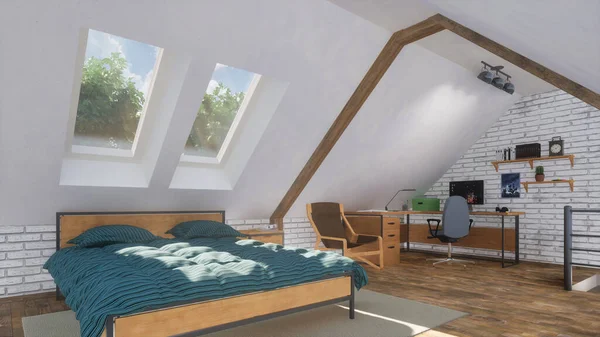 Minimalistyczne Wnętrze Nowoczesnego Jasnego Mieszkania Poddaszu Podwójnym Łóżkiem Małym Studiem — Zdjęcie stockowe