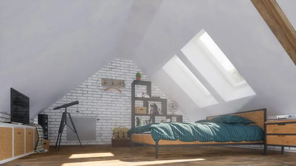 Bathed in sun rays minimalist interior of cozy modern bedroom in attic room with double bed under mansard windows and TV in front at daytime. With no people 3D illustration from my 3D rendering file.