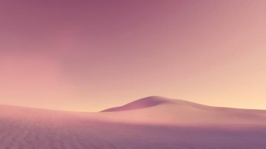Alacakaranlıkta tuhaf mor gökyüzünün altında toz bulutlarıyla kaplı devasa kum tepeleri olan soyut boş kumlu çöl. Minimalist vahşi doğa manzarası. 4K 'da yapılmış 3D animasyon.