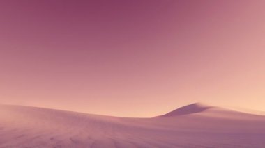 Muazzam kum tepecikleri ile soyut kumlu çöl manzarası alacakaranlıkta fantastik pembe bulutsuz gökyüzü altında toz bulutları ile kaplı. 4K içerisindeki panoramik görünüm minimalist kavram 3B animasyon