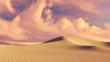Alacakaranlıkta ya da şafakta manzaralı ve dramatik bulutlu gökyüzünün altında devasa kum tepeleri olan soyut çöl manzarası. İnsansız, minimalist, vahşi doğa manzaralı 3D çizim dosyamdan üç boyutlu illüstrasyon..