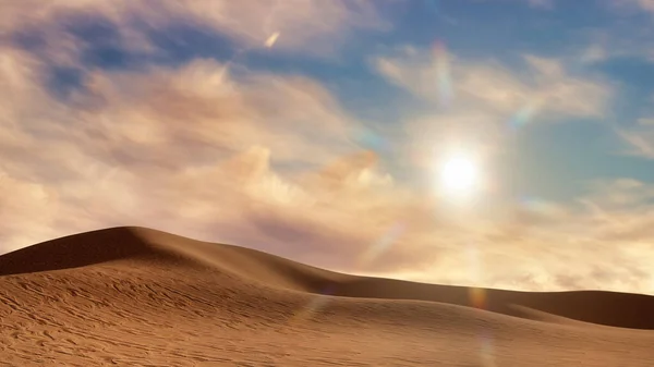 日没や日の出の風光明媚な曇りの空の下で大規模な砂丘と抽象的な砂漠の風景 人のいないミニマルな荒野の風景3Dイラストからの3Dレンダリングファイル — ストック写真