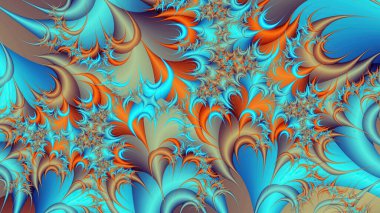 Bej fon üzerinde rastgele turkuaz mavi ve turuncu pürüzsüz şekilli dijital soyut fraktal arkaplan