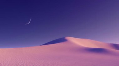 Muazzam kum tepeleri ve açık gece gökyüzünde yarım ay olan fantastik gerçek dışı kumlu çöl manzarası. Hiçbir insan minimalist konsept 3B animasyon 4K içinde oluşturuldu