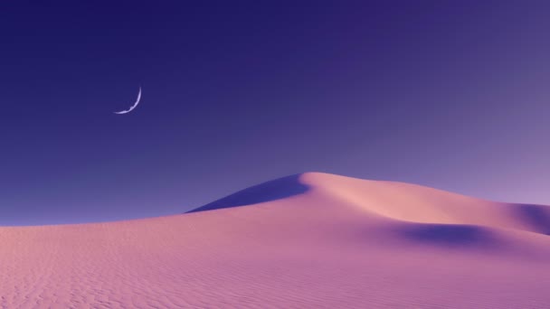 美丽而虚幻的沙漠景观 有巨大的沙丘和半月形的明暗夜空 没有人的简约概念3D动画渲染在4K — 图库视频影像