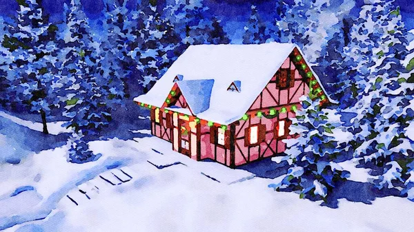 Dekorativní Akvarel Krajina Útulným Sněhem Pokrytý Venkovský Dům Zdobené Vánoce — Stock fotografie