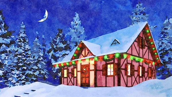 Schizzo Decorativo Acquerello Accogliente Casa Rurale Innevata Decorata Natale Tra — Foto Stock