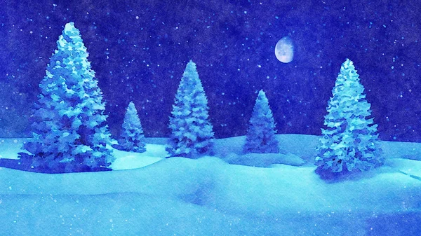 Decorative watercolor winter landscape of snowy dreamlike spruce forest with snow covered fir trees against night sky with big moon during snowfall. Digital art painting from my 3D rendering file.